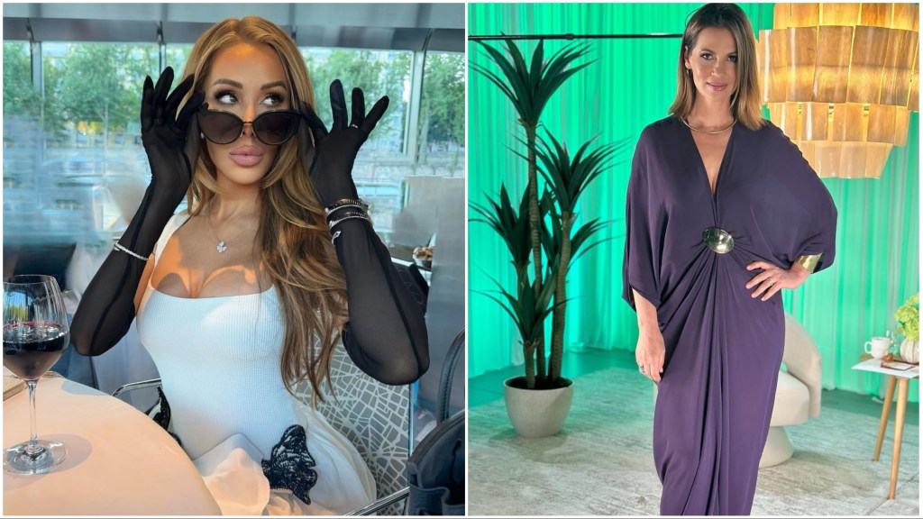 Side by side photos of LIsa Hochstein, peaking over a pair of sunglasses, and Julia Lemigova, posing in a purple dress