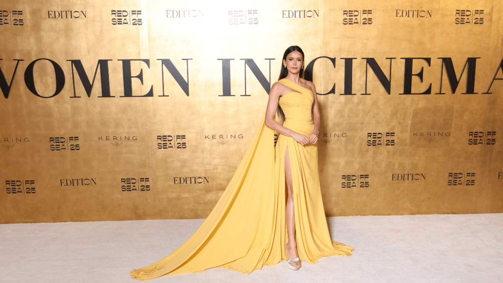 Nina Dobrev Wows in Thigh-High Slit Yellow Dress