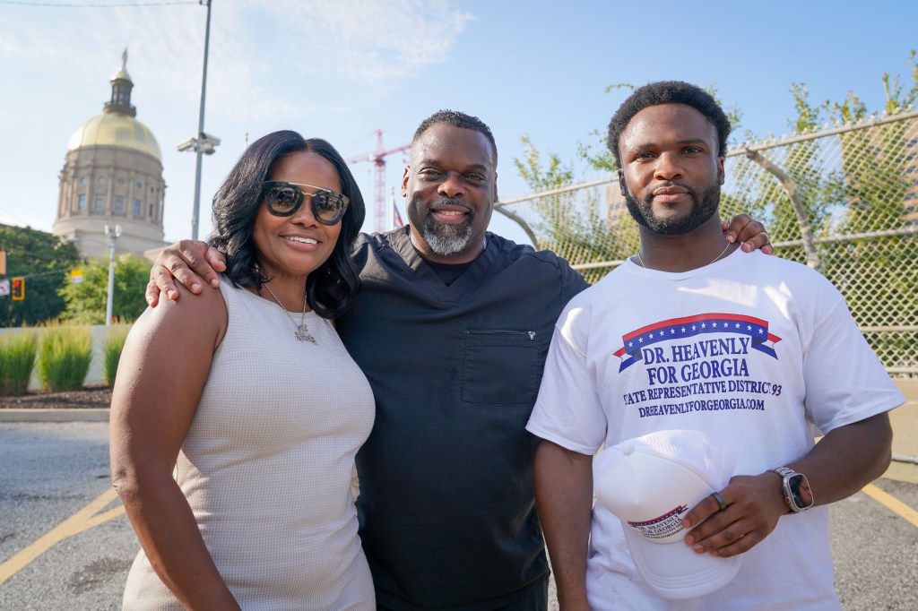 Dr. Heavenly Kimes, Dr. Damon Kimes, and Zachary Kimes hold a press conference announcing Dr. Heavenly's run for Georgia State Representative at Georgia State Capitol