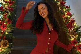 Maya Jama Celebrates Christmas in Festive Red Slinky Unbuttoned Shirt