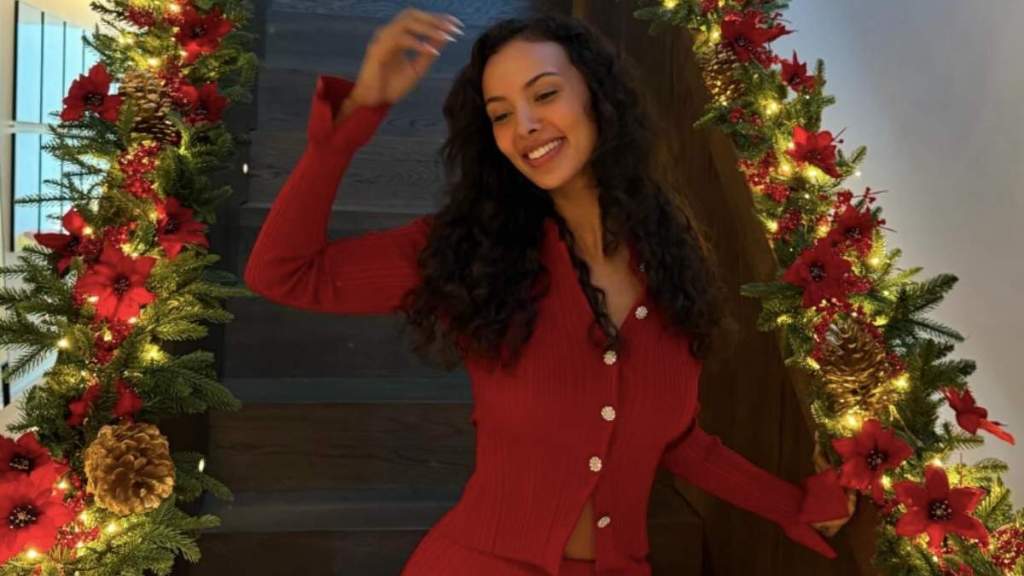 Maya Jama Celebrates Christmas in Festive Red Slinky Unbuttoned Shirt