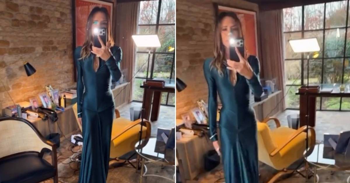 Victoria Beckham’s Teal Dress Plunges Down to Her Midriff