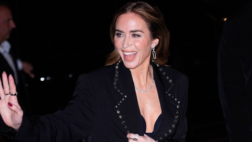 Emily Blunt's Magda Butrym Swimsuit Peeks Through Fully Sheer Skirt