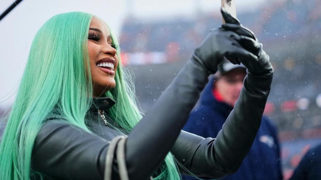 Cardi B's All Leather Look Compliments Her Icy Green Hair
