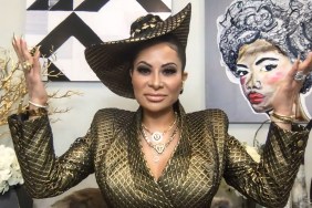 Jen Shah in a gold outfit, holding her hands up