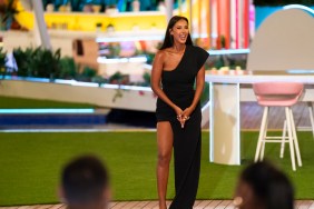 Maya Jama in a black dress, hosting Love Island Games
