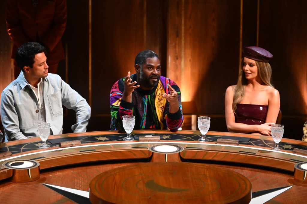 Stephen Colletti, Ron Funches, and Maura Higgins at the roundtable on Season 4 of The Traitors