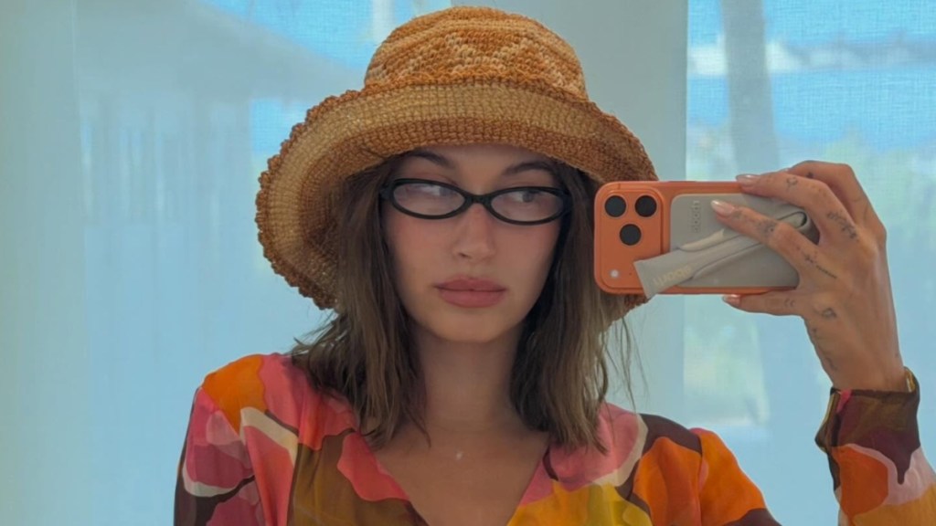 Hailey Bieber in Strappy Lingerie & Sheer Stockings Is Unmissable