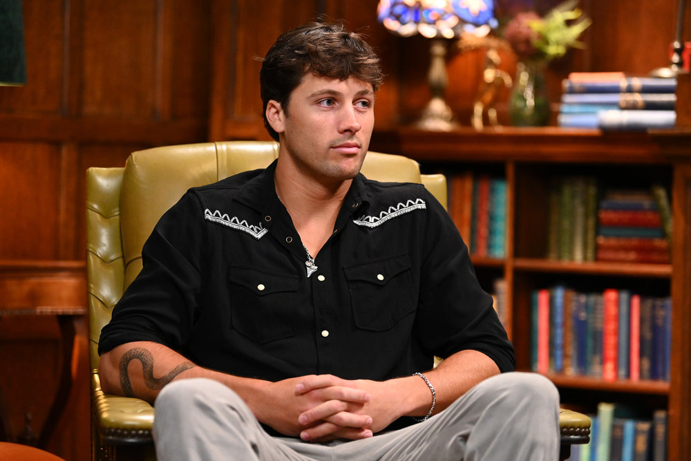 Rob Rausch in a black button down shirt on Season 4 of The Traitors