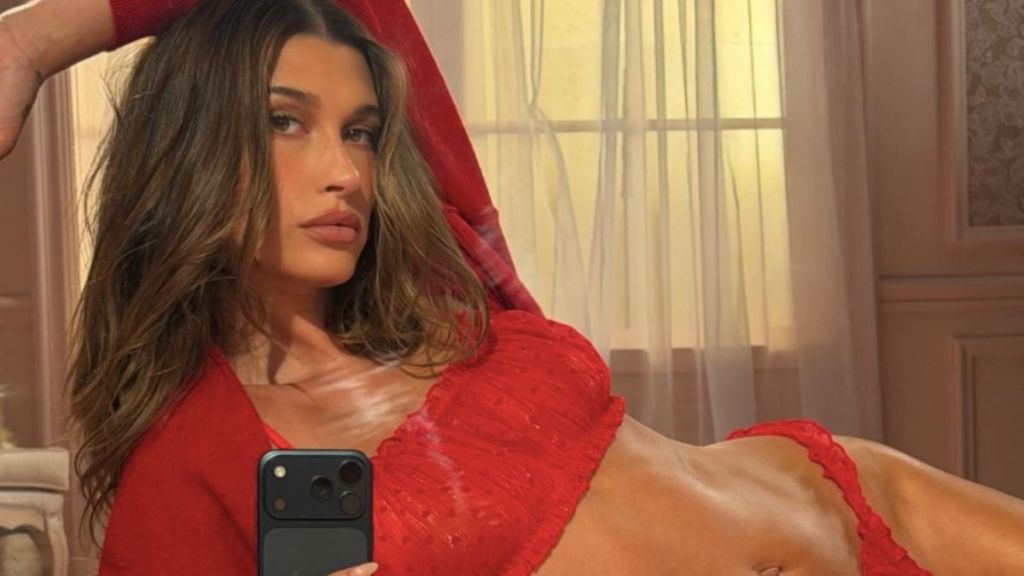 Hailey Bieber Stuns in Red Victoria's Secret Lingerie Set