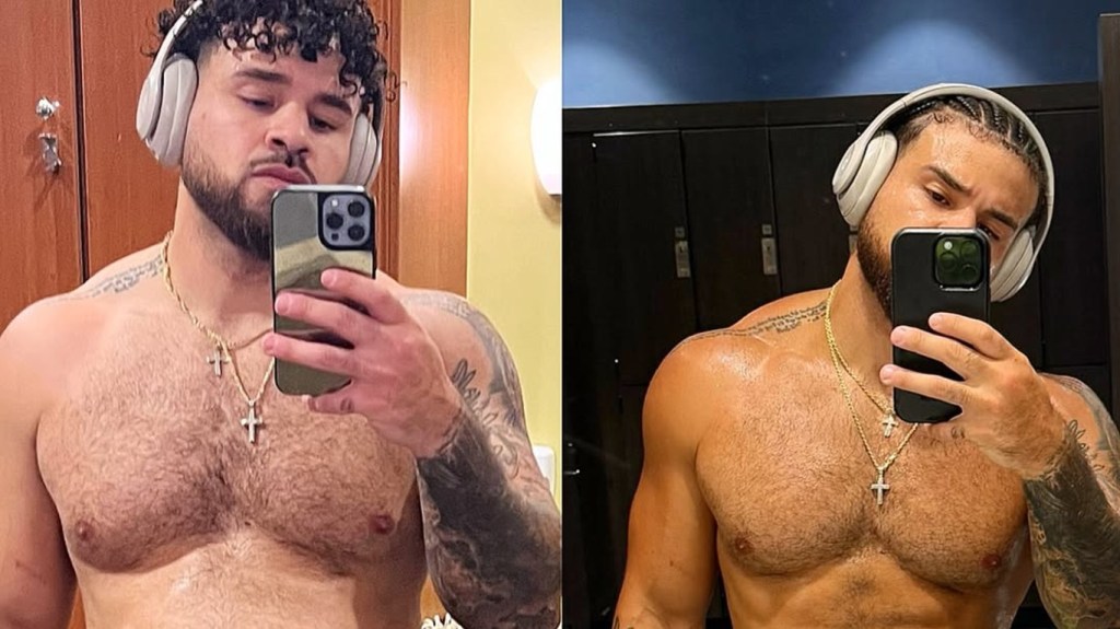 Two side by side pictures of a shirtless Cory Wharton