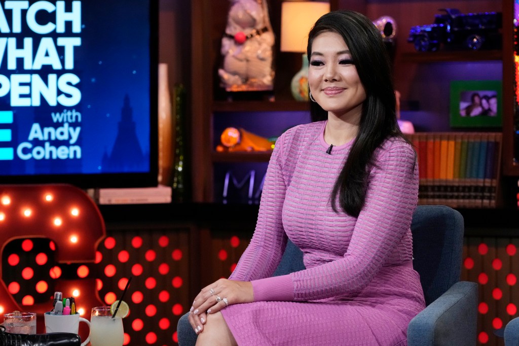 Crystal Kung Minkoff in a purple dress on Watch What Happens Live