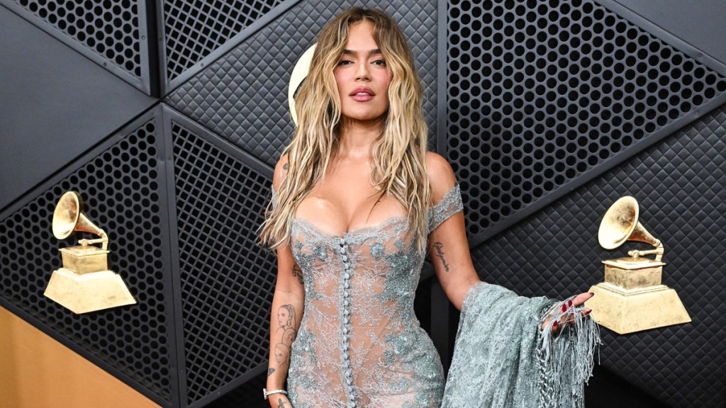 Karol G Steps Onto the Grammys Red Carpet in High-Slit Dress