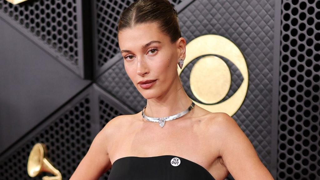 Hailey Bieber Stuns in Strapless Alaia Dress With Sheer Panels for Grammys