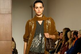 Amelia Gray Dominates Runway in Tory Burch Leather Slit Skirt