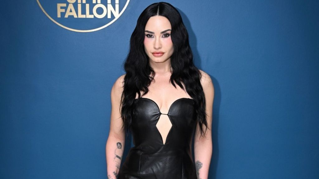 Demi Lovato's Daring Bardot Strapless Dress Is Made of Vegan Leather