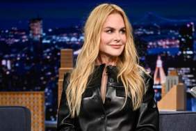 Nicole Kidman Pairs Khaite Dress With Leather Jacket & Sheer Tights