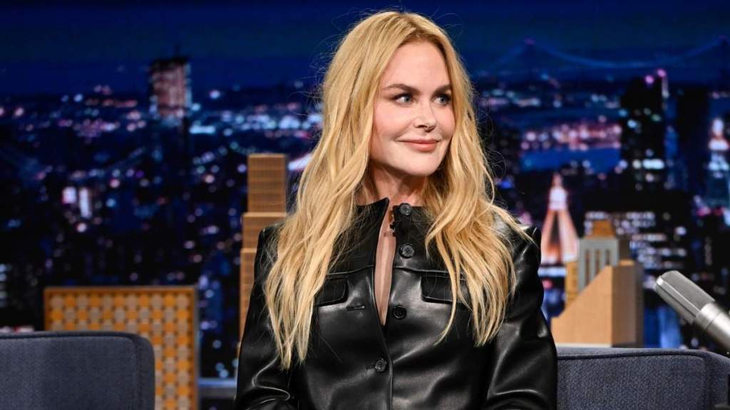 Nicole Kidman Pairs Khaite Dress With Leather Jacket & Sheer Tights