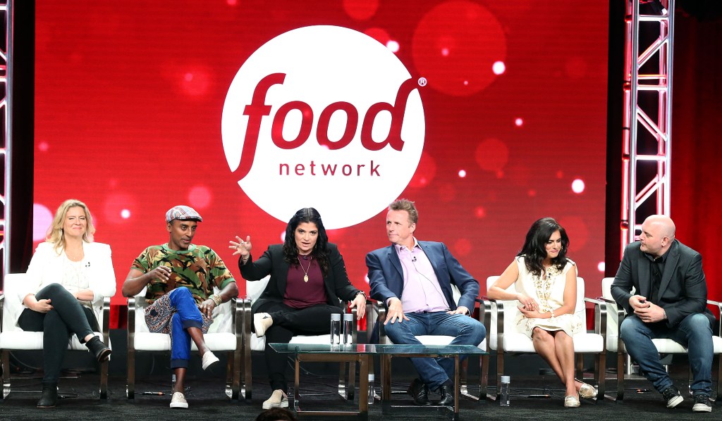 Amanda Freitag, Marcus Samuelsson, Alex Guamaschelli, Marc Murphy, Maneet Chauhan, and Chris Santos of the television show "Chopped" for the Food Network speak during the Summer 2018 Television Critics Association Press Tour at the Beverly Hilton Hotel on July 26, 2018 in Beverly Hills, California