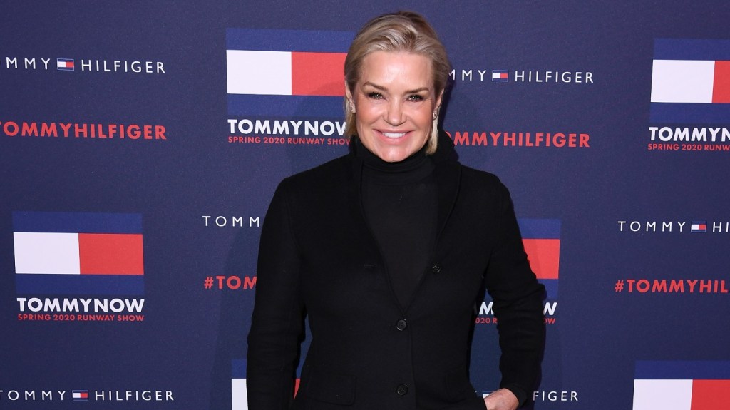 Yolanda Hadid in a black sweater at a Tommy Hilfiger event