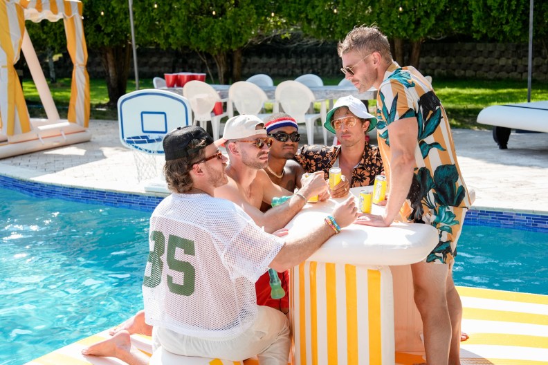 West Wilson, Jesse Solomon, KJ Dillard, Ben Waddell, and Kyle Cooke by the pool in Summer House Season 10