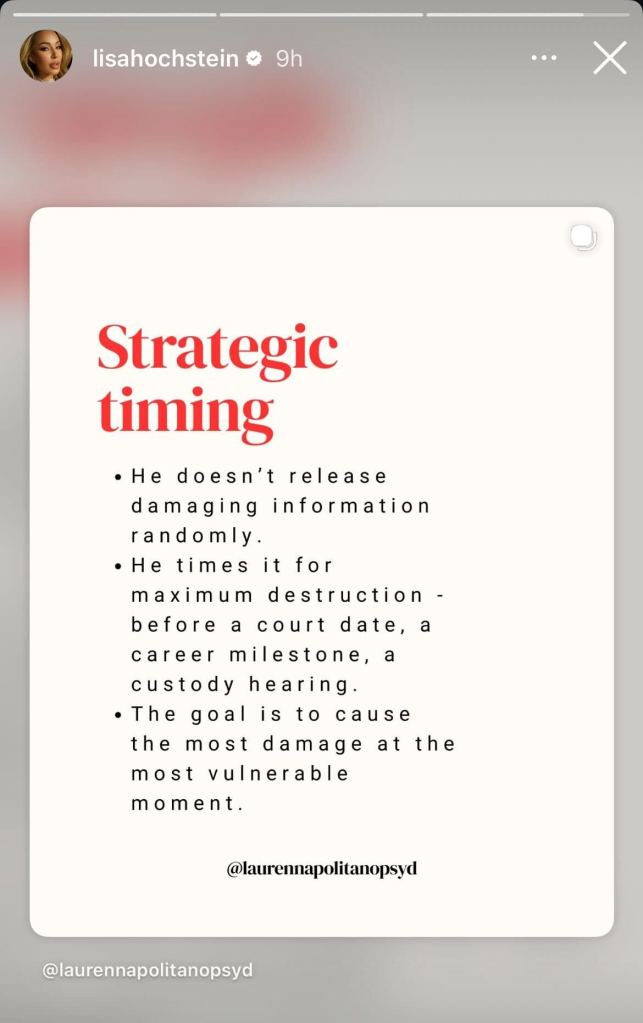 Lisa Hochstein Instagram story about smear campaigns