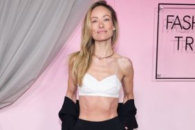 Olivia Wilde's Ashlyn Micro Crop Top Hangs by Strings Over High Slit Skirt