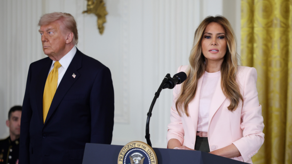 Melania Trump Perfects Contrast in McQueen Blazer & Fitted Max Mara Skirt