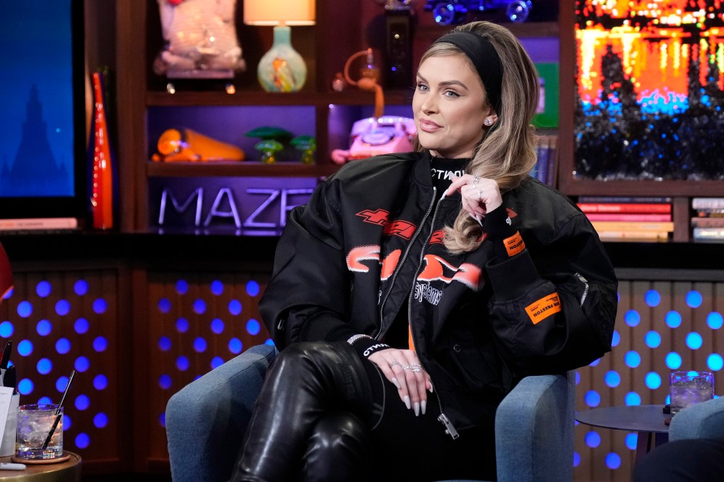 Lala Kent in a black moto jacket on Watch What Happens Live
