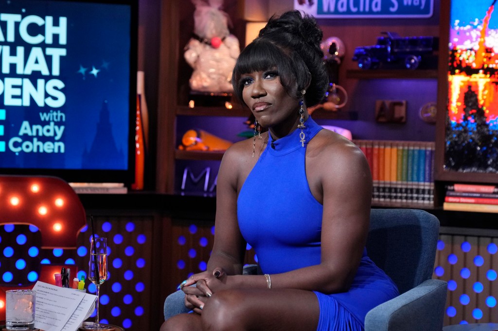 Bozoma Saint John in a blue dress on Watch What Happens Live