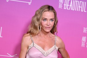 Denise Richards in a pink dress posing in front of a pink backdrop