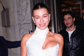 Hailey Bieber Wows in Plunging Dilara Findikoglu Corset Micro Minidress