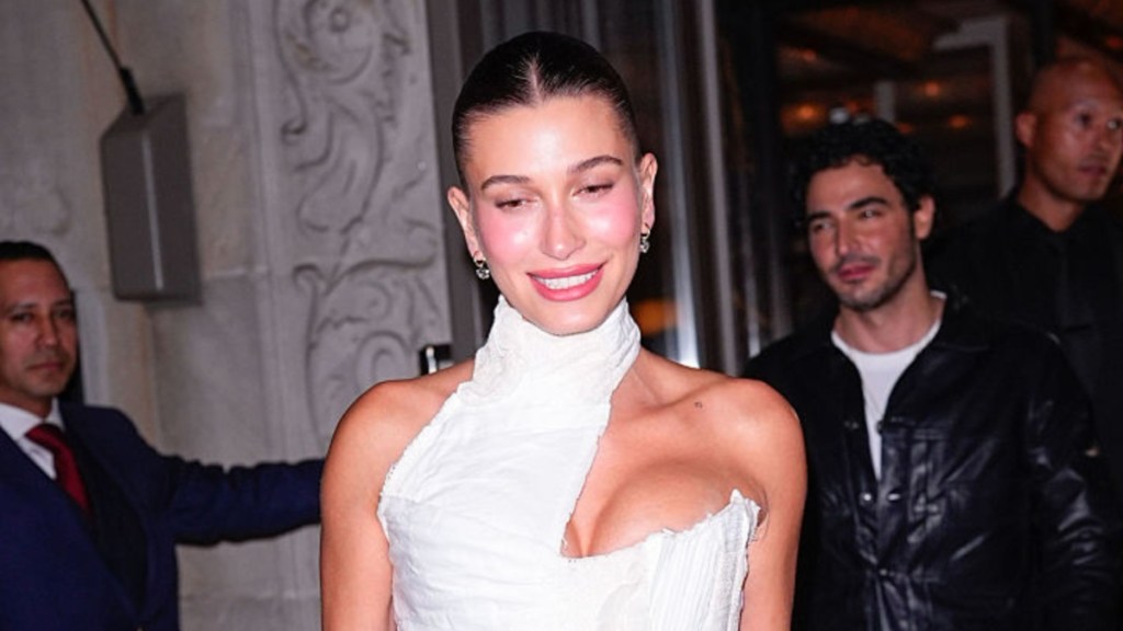 Hailey Bieber Wows in Plunging Dilara Findikoglu Corset Micro Minidress