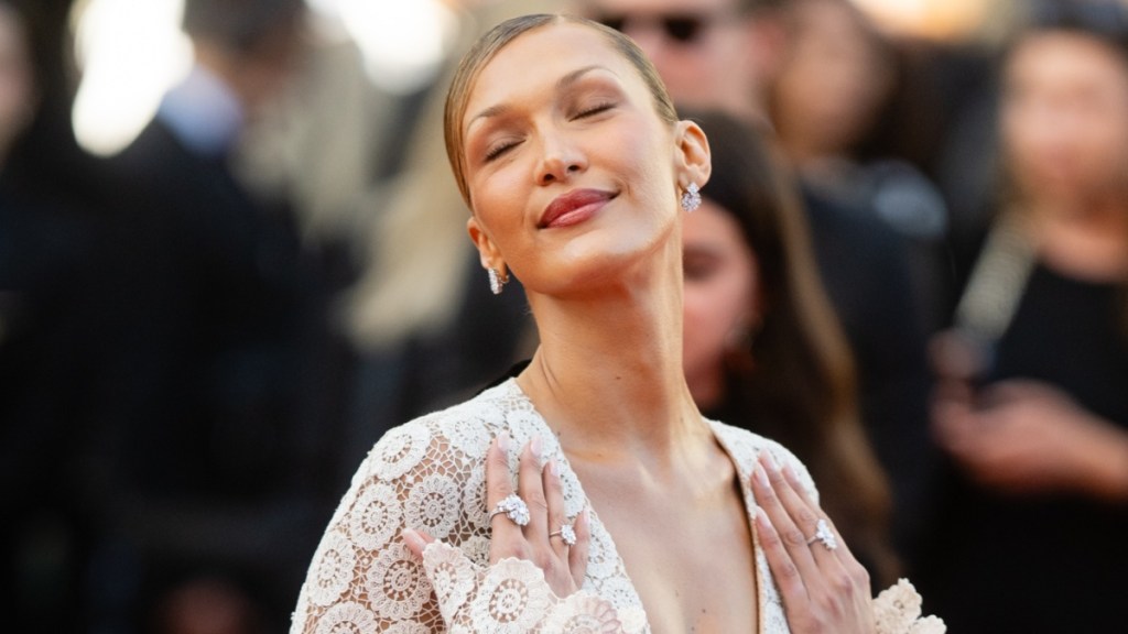 Bella Hadid's See-Through Schiaparelli Lace Gown Also Has a Plunging Neckline