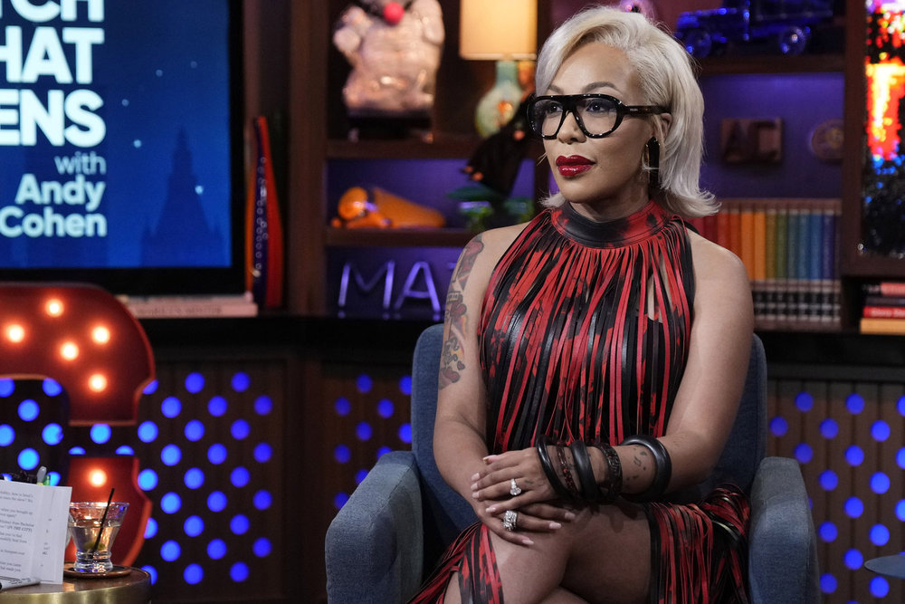 K. Michelle in a red and black dress on Watch What Happens Live