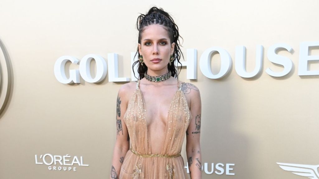 Halsey Goes Braless in Wildly Plunging Side-Baring Rahul Mishra Dress