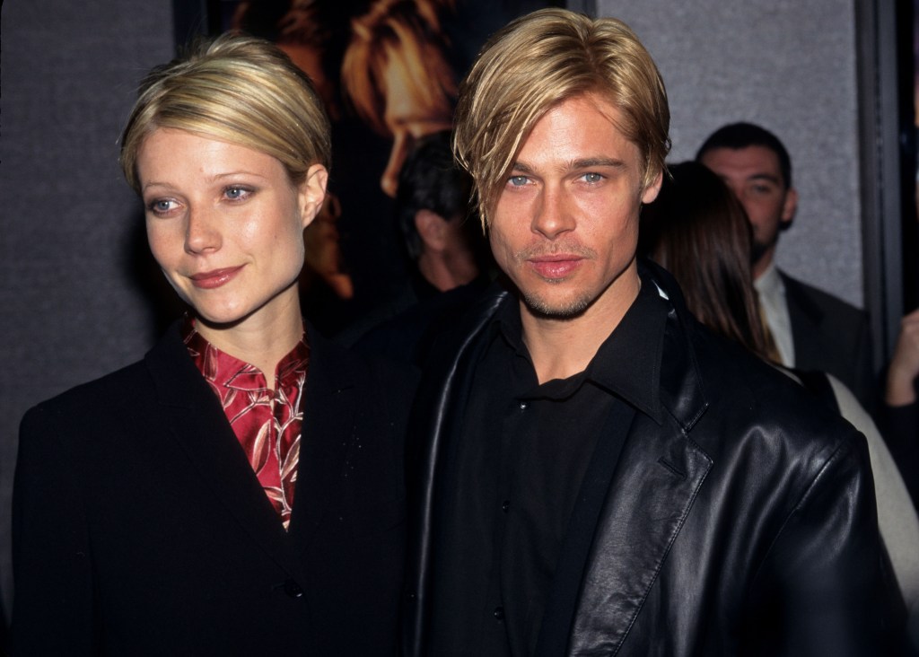 Brad Pitt and Gwyneth Paltrow in black jackets rocking matching blonde combovers