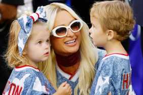 Paris Hilton Matches Her Kids in Adidas Micro Miniskirt & Thigh-High Boots
