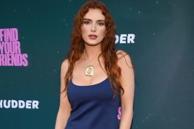 Bella Thorne’s Wildly Plunging PatBO Dress Also Boasts a Daring High Slit