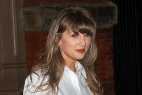 Taylor Swift Leaves Her Miu Miu Shirt Unbuttoned Over Pleated Pants