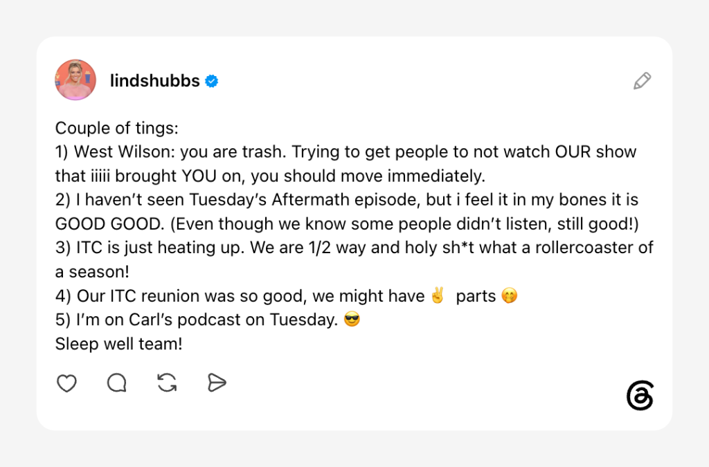 Lindsay Hubbard dragging West Wilson on Threads