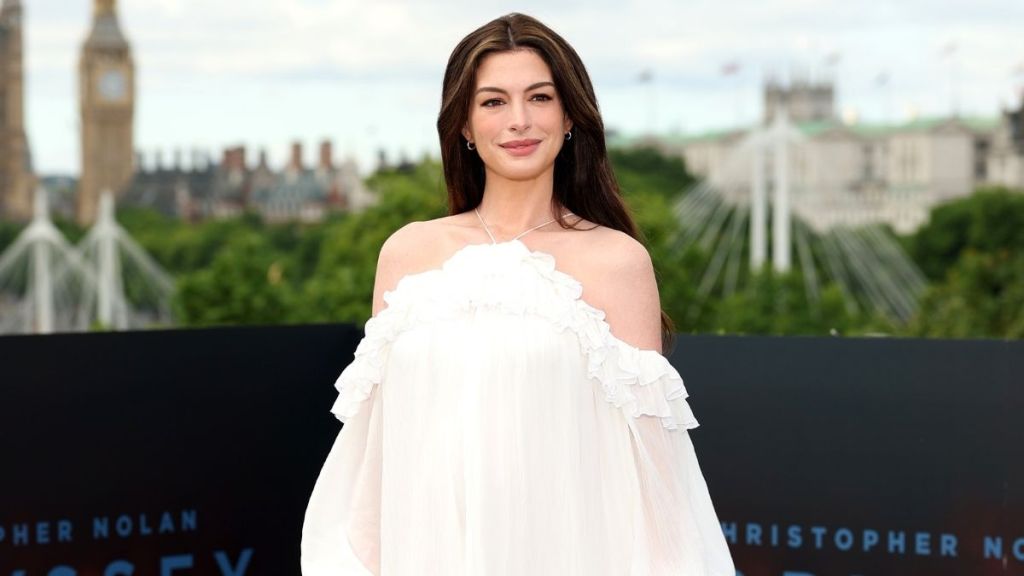 Anne Hathaway’s See-Through Blumarine Micro Minidress Rides up Her Thighs