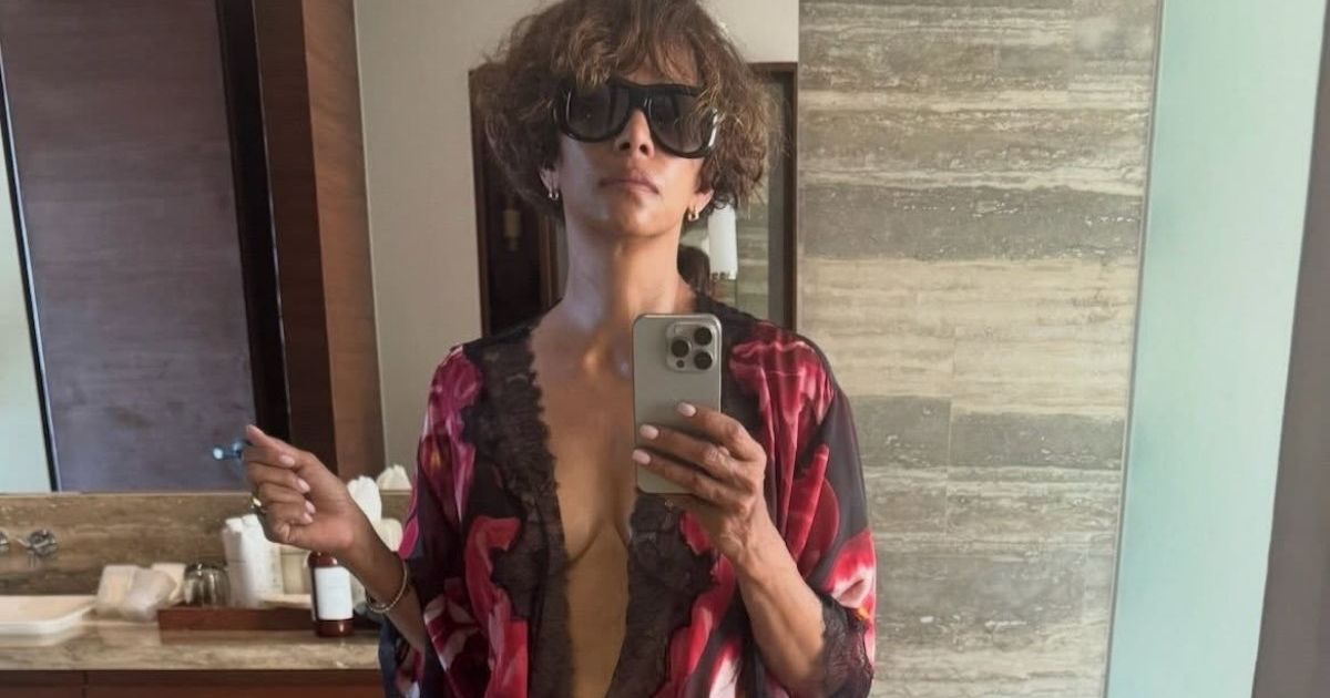 Halle Berry Poses in Nothing but an Undone See-Through Soma Lace Robe
