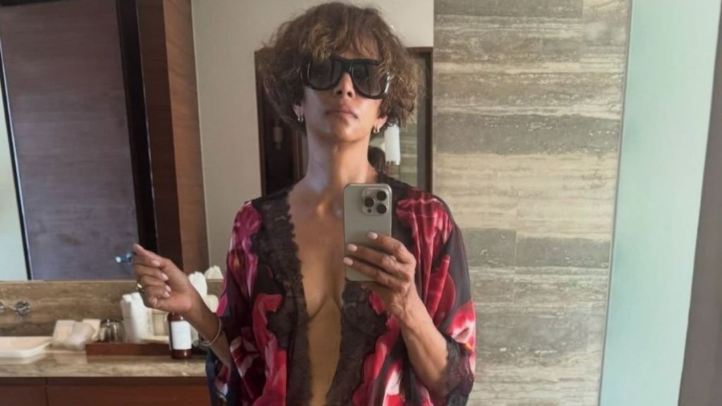 Halle Berry Poses in Nothing but an Undone See-Through Soma Lace Robe