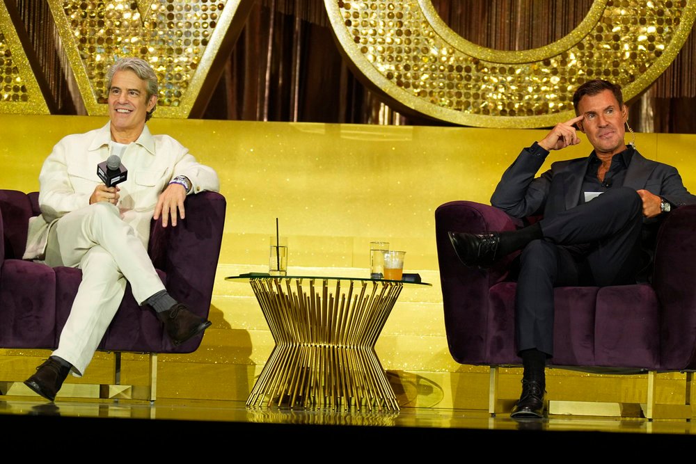 Andy Cohen and Jeff Lewis on stage at BravoCon 2025