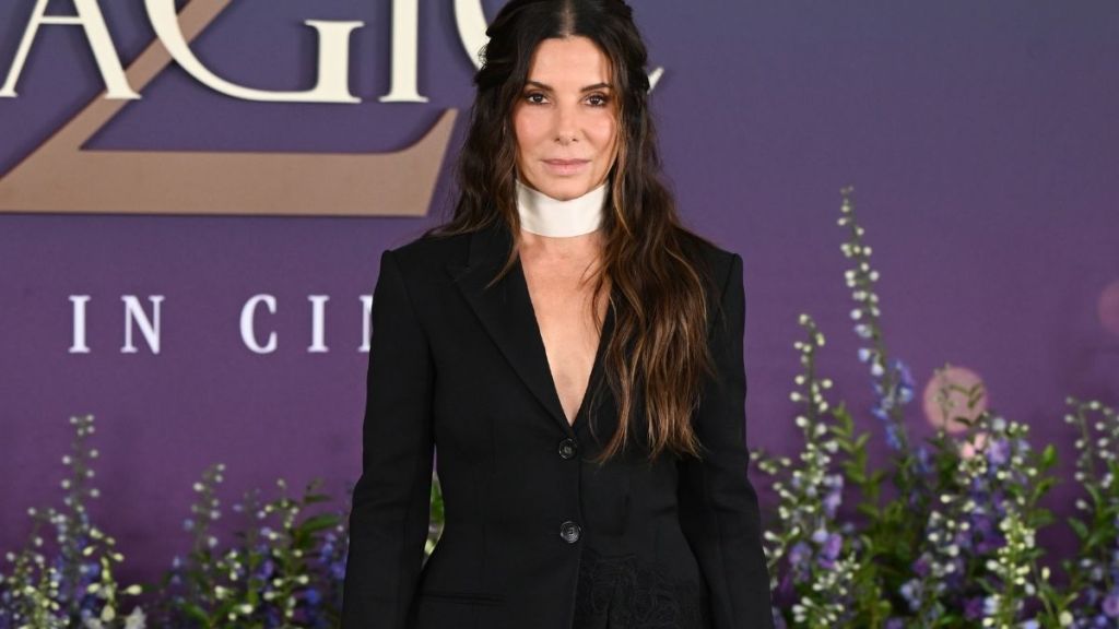 Sandra Bullock Goes Fully Topless Under Plunging Erdem Lace Blazer